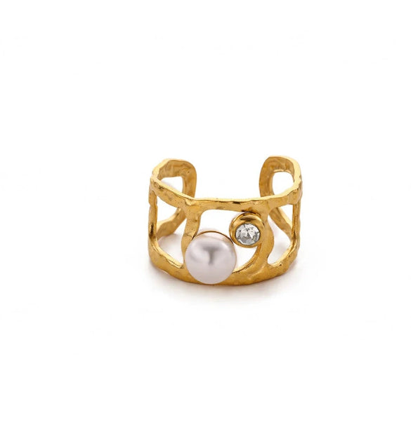 Wholesale Women's Stainless Steel Imitation Pearl Multilayer Zircon 18K Gold Plated Heart Shape Geometric Inlaid With Gold Open Ring