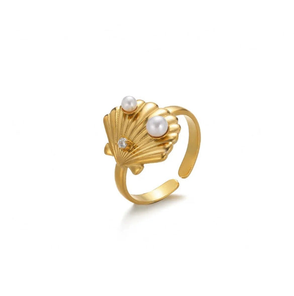 Wholesale Women's Stainless Steel Imitation Pearl Multilayer Zircon 18K Gold Plated Heart Shape Geometric Inlaid With Gold Open Ring