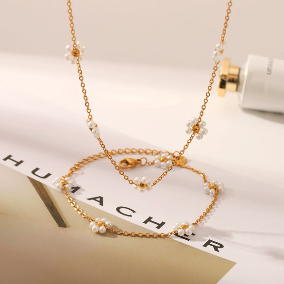 Wholesale Women's Stainless Steel Imitation Pearl Necklace Bracelet With Flower Pattern Vacuum Electroplating Ins Style