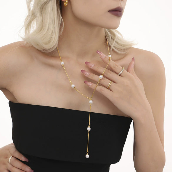 Wholesale Women's Stainless Steel Imitation Pearl Yshaped Tassel Necklace Light Luxury Geometry Electroplated For Autumn And Winter