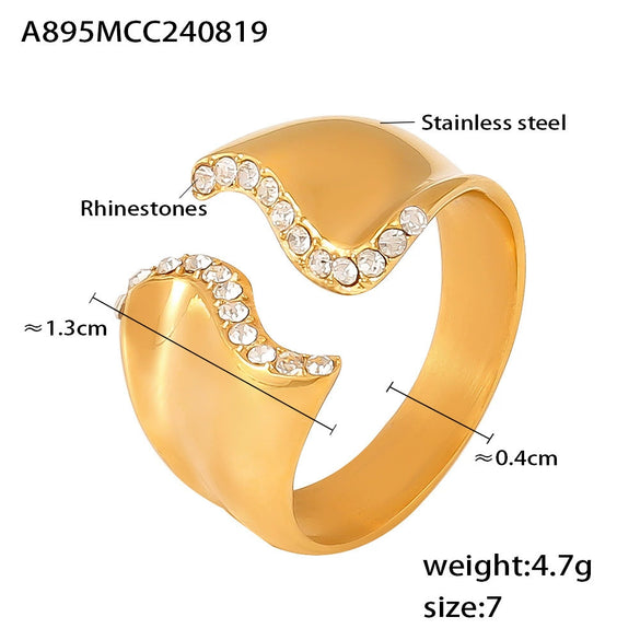Wholesale Women's 316L Stainless Steel Inlaid Drill Irregular Open Ring With Geometric Pattern And Electroplating Treatment
