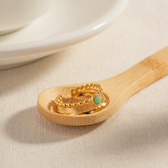 Wholesale Women's Stainless Steel Inlaid Natural Stone Open Ring Jewelry With Geometric Style And Electroplating Craft Retro Light Luxury Niche High End