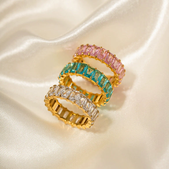 Wholesale Women's Stainless Steel Inlaid Zircon Ring With Geometric Pattern 18K Gold Electroplated Niche Ins Style