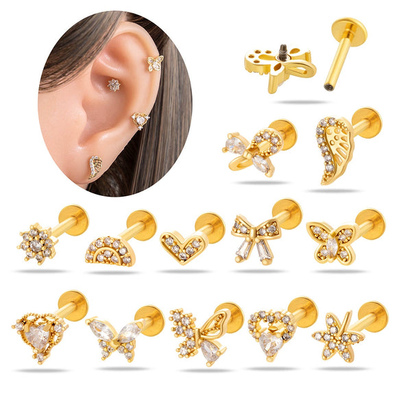 Wholesale Women's Stainless Steel Inner Tooth Thread Flat Base Rod Lip Nail Copper Zircon Butterfly Bow Tie Ear Bone Nail Electroplated Puncture Ornaments