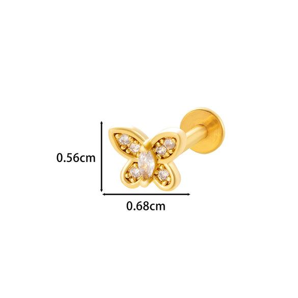 Wholesale Women's Stainless Steel Inner Tooth Thread Flat Base Rod Lip Nail Copper Zircon Butterfly Bow Tie Ear Bone Nail Electroplated Puncture Ornaments