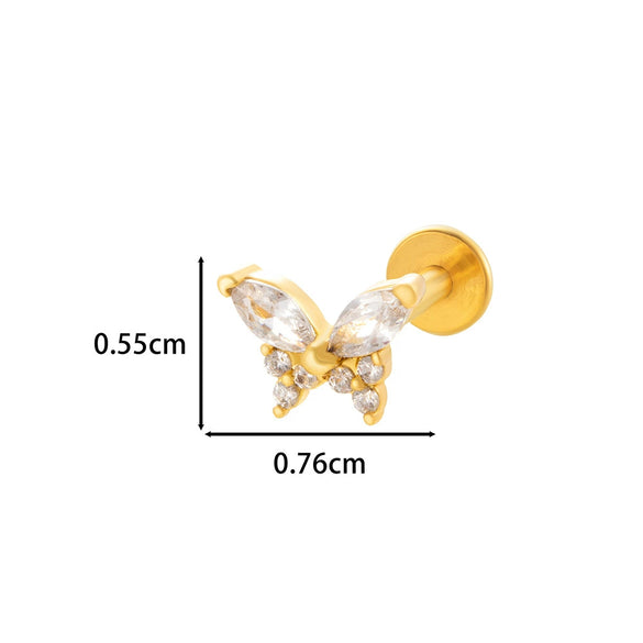 Wholesale Women's Stainless Steel Inner Tooth Thread Flat Base Rod Lip Nail Copper Zircon Butterfly Bow Tie Ear Bone Nail Electroplated Puncture Ornaments