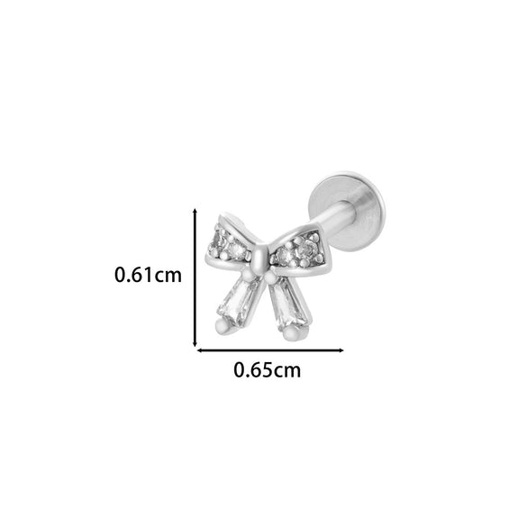 Wholesale Women's Stainless Steel Inner Tooth Thread Flat Base Rod Lip Nail Copper Zircon Butterfly Bow Tie Ear Bone Nail Electroplated Puncture Ornaments
