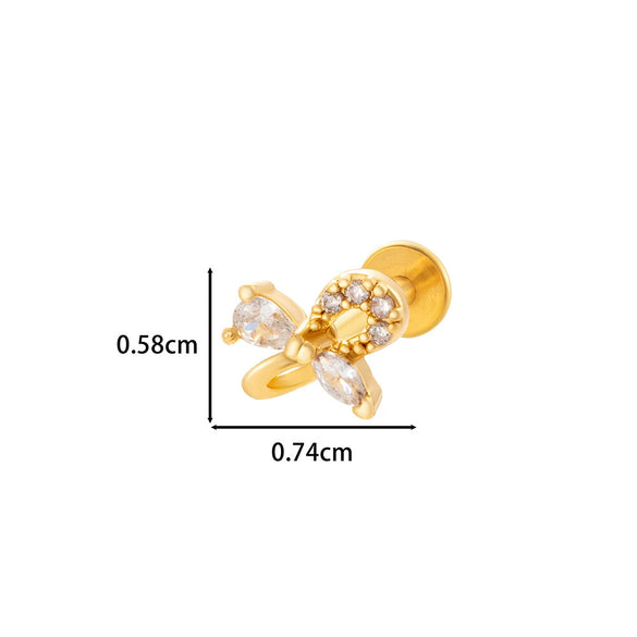 Wholesale Women's Stainless Steel Inner Tooth Thread Flat Base Rod Lip Nail Copper Zircon Butterfly Bow Tie Ear Bone Nail Electroplated Puncture Ornaments