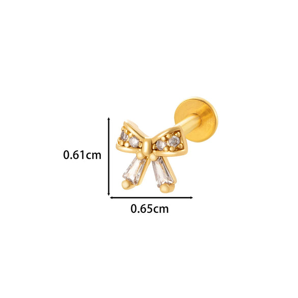 Wholesale Women's Stainless Steel Inner Tooth Thread Flat Base Rod Lip Nail Copper Zircon Butterfly Bow Tie Ear Bone Nail Electroplated Puncture Ornaments