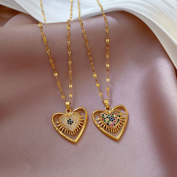 Wholesale Women's Stainless Steel Ins Style Devil's Eye Heart Shape Pendant Necklace With Electroplating
