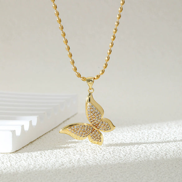 Wholesale Women's Stainless Steel Insect Butterfly Pendant Necklace With Mixed Gemstone Setting And Rice Bead Chain Electroplated Jewelry