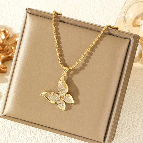 Wholesale Women's Stainless Steel Insect Butterfly Pendant Necklace With Mixed Gemstone Setting And Rice Bead Chain Electroplated Jewelry