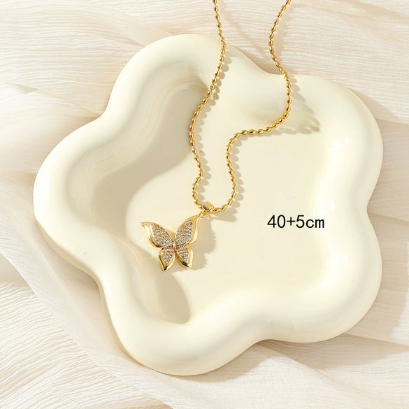 Wholesale Women's Stainless Steel Insect Butterfly Pendant Necklace With Mixed Gemstone Setting And Rice Bead Chain Electroplated Jewelry