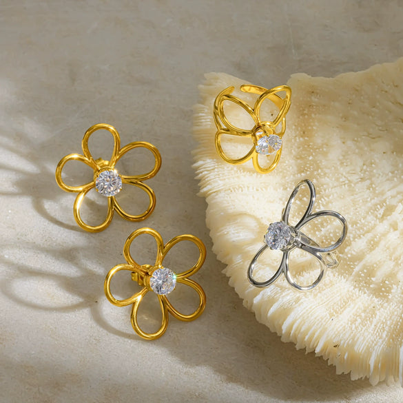 Wholesale Women's Stainless Steel Jewelry Set With Zircon Flower Vacuum Real Gold Plated Ring And Earring