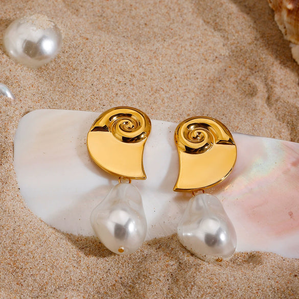 Wholesale Women's Stainless Steel Jewelry With Geometric Pattern Ocean Scenery Surface Conch Spiral Pearl Electroplated Quiet Design Original Style