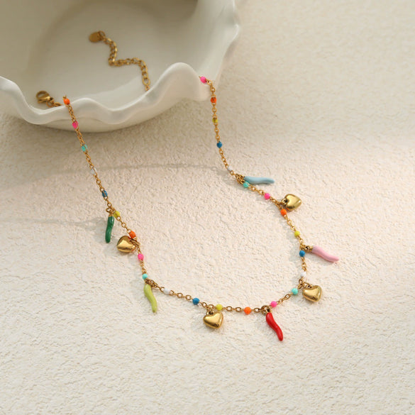 Wholesale Women's Stainless Steel 18K Electroplated Geometric Chili Heart Pearl Necklace Jewelry