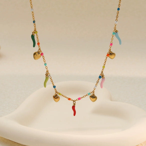 Wholesale Women's Stainless Steel 18K Electroplated Geometric Chili Heart Pearl Necklace Jewelry