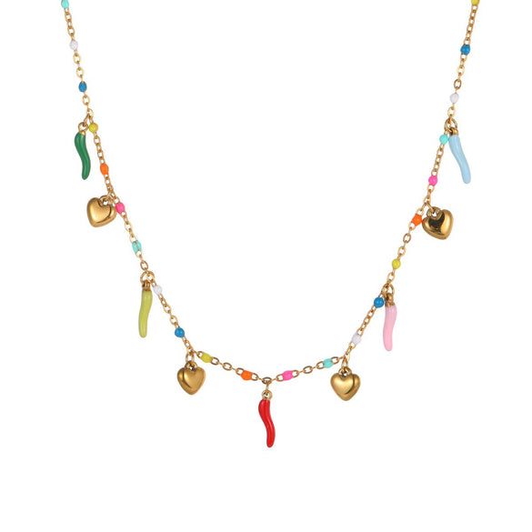 Wholesale Women's Stainless Steel 18K Electroplated Geometric Chili Heart Pearl Necklace Jewelry