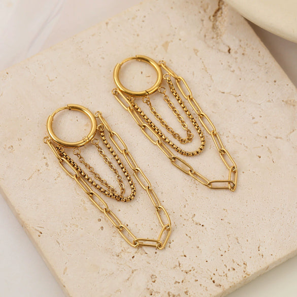 Wholesale Women's Stainless Steel 18K Electroplated Geometric Cshaped Multilayer Chain Tassel Earrings Highend Jewelry