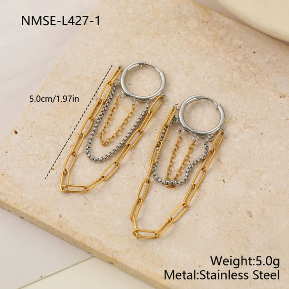 Wholesale Women's Stainless Steel 18K Electroplated Geometric Cshaped Multilayer Chain Tassel Earrings Highend Jewelry