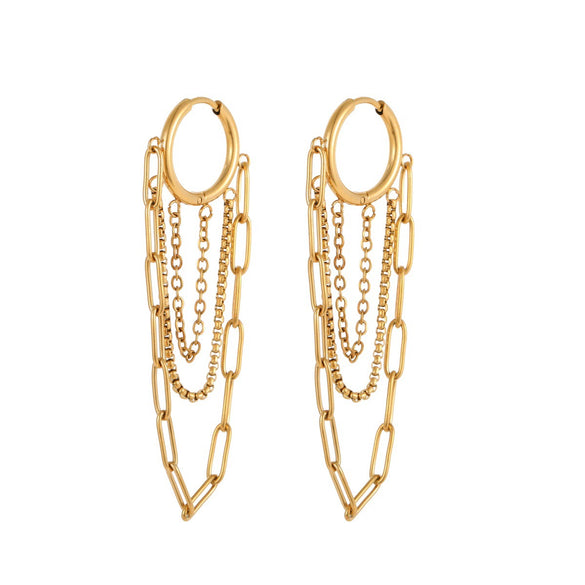 Wholesale Women's Stainless Steel 18K Electroplated Geometric Cshaped Multilayer Chain Tassel Earrings Highend Jewelry