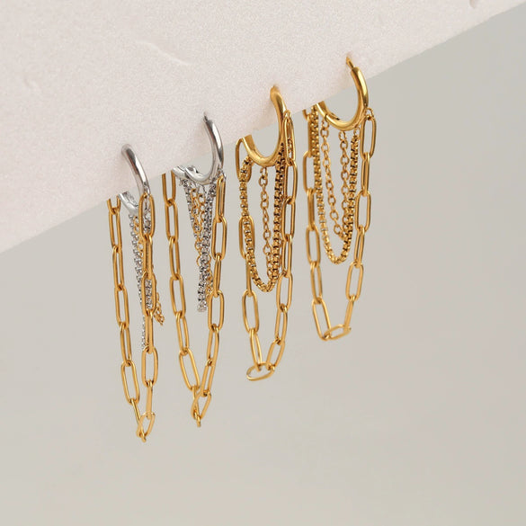 Wholesale Women's Stainless Steel 18K Electroplated Geometric Cshaped Multilayer Chain Tassel Earrings Highend Jewelry