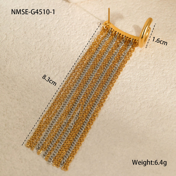 Wholesale Women's Stainless Steel 18K Electroplated Geometric Fashion Ol Style Ear Clip Chain Tassel Earrings