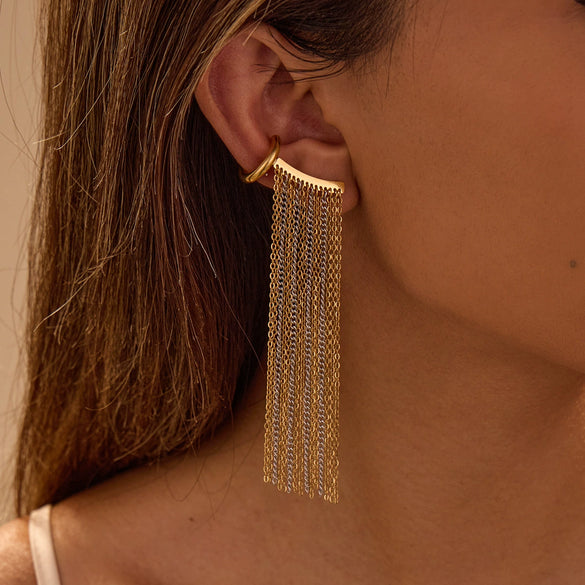 Wholesale Women's Stainless Steel 18K Electroplated Geometric Fashion Ol Style Ear Clip Chain Tassel Earrings