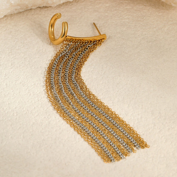 Wholesale Women's Stainless Steel 18K Electroplated Geometric Fashion Ol Style Ear Clip Chain Tassel Earrings