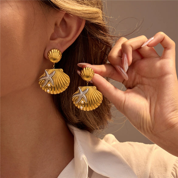Wholesale Women's Stainless Steel 18K Electroplated Geometric Style Starfish Pearl Shell Earrings