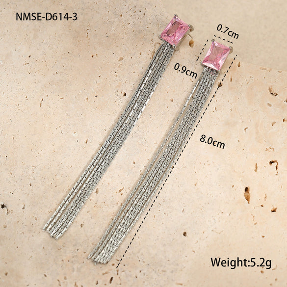 Wholesale Women's Stainless Steel 18K Electroplated Geometric Tassel Diamond Zircon Earrings Fashion Cold Style