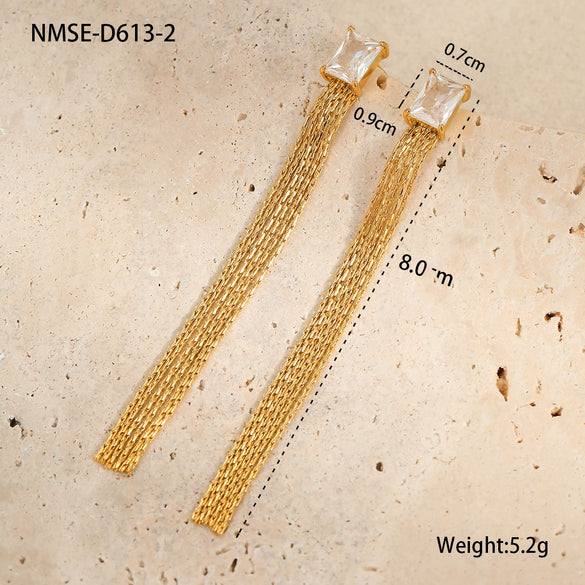Wholesale Women's Stainless Steel 18K Electroplated Geometric Tassel Diamond Zircon Earrings Fashion Cold Style