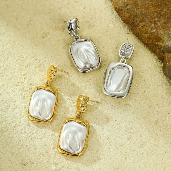 Wholesale Women's Stainless Steel 18K French Retro Baroque Pearl Geometric Pendant Earrings With Electroplating