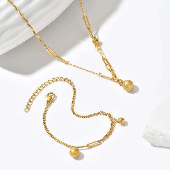 Wholesale Women's Stainless Steel 14K Gold Electroplated Frosted Ball Circle Pendant Necklace And Bracelet Set In Ins Geometric Style