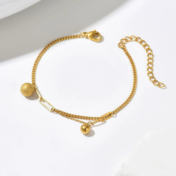 Wholesale Women's Stainless Steel 14K Gold Electroplated Frosted Ball Circle Pendant Necklace And Bracelet Set In Ins Geometric Style