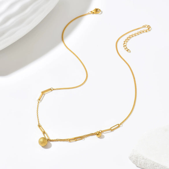 Wholesale Women's Stainless Steel 14K Gold Electroplated Frosted Ball Circle Pendant Necklace And Bracelet Set In Ins Geometric Style