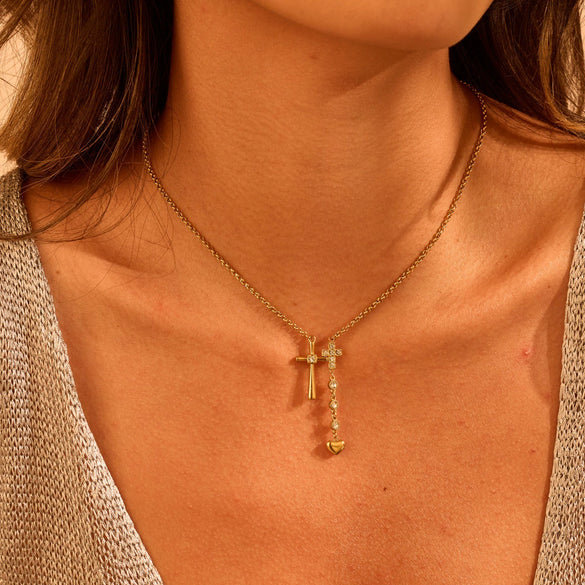 Wholesale Women's Stainless Steel 18K Gold Electroplated Geometric Double Cross Heart Necklace