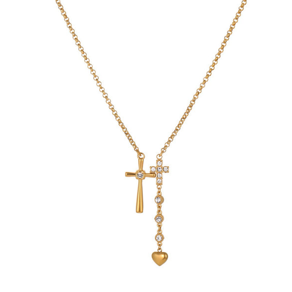 Wholesale Women's Stainless Steel 18K Gold Electroplated Geometric Double Cross Heart Necklace