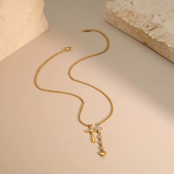 Wholesale Women's Stainless Steel 18K Gold Electroplated Geometric Double Cross Heart Necklace