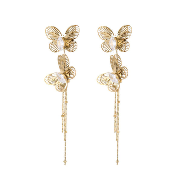 Wholesale Women's Stainless Steel 18K Gold Electroplated Geometric Hollow Butterfly Zircon Tassel Earrings Exquisite Highend Elegant Jewelry