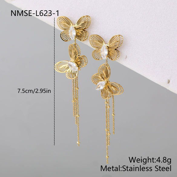 Wholesale Women's Stainless Steel 18K Gold Electroplated Geometric Hollow Butterfly Zircon Tassel Earrings Exquisite Highend Elegant Jewelry