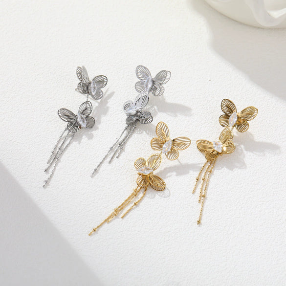 Wholesale Women's Stainless Steel 18K Gold Electroplated Geometric Hollow Butterfly Zircon Tassel Earrings Exquisite Highend Elegant Jewelry