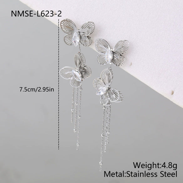 Wholesale Women's Stainless Steel 18K Gold Electroplated Geometric Hollow Butterfly Zircon Tassel Earrings Exquisite Highend Elegant Jewelry