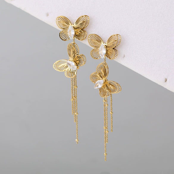 Wholesale Women's Stainless Steel 18K Gold Electroplated Geometric Hollow Butterfly Zircon Tassel Earrings Exquisite Highend Elegant Jewelry