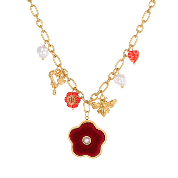 Wholesale Women's Stainless Steel 18K Gold Electroplated Geometric Pearl Bee Pendant Clavicle Necklace