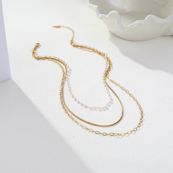 Wholesale Women's Stainless Steel 18K Gold Electroplated Geometric Pearl Threelayer Stacked Necklace Highend Jewelry