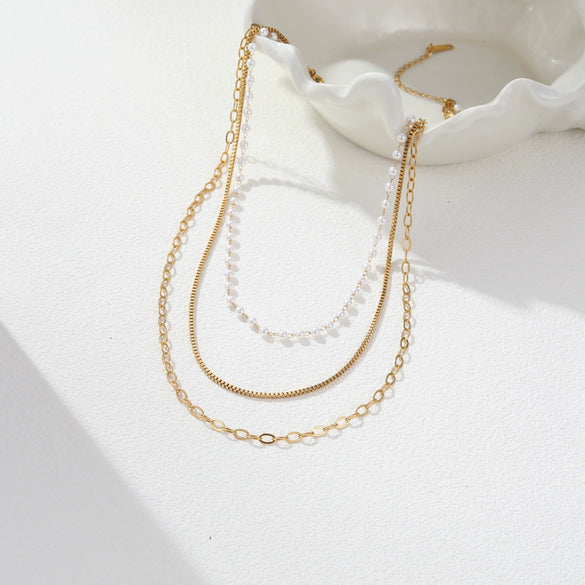 Wholesale Women's Stainless Steel 18K Gold Electroplated Geometric Pearl Threelayer Stacked Necklace Highend Jewelry