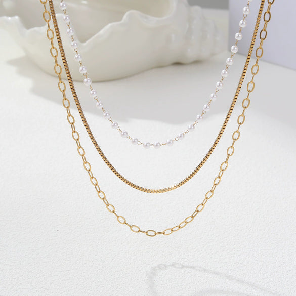 Wholesale Women's Stainless Steel 18K Gold Electroplated Geometric Pearl Threelayer Stacked Necklace Highend Jewelry