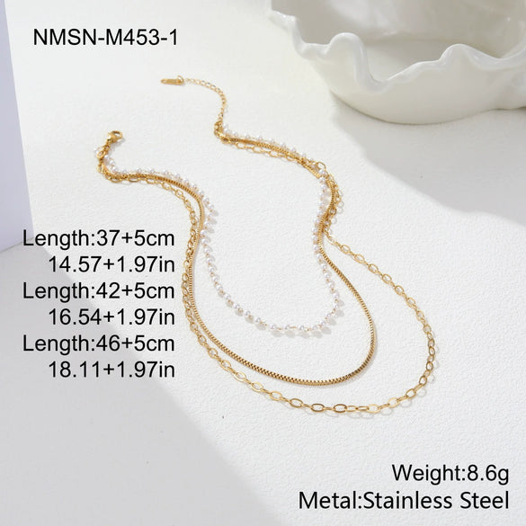 Wholesale Women's Stainless Steel 18K Gold Electroplated Geometric Pearl Threelayer Stacked Necklace Highend Jewelry