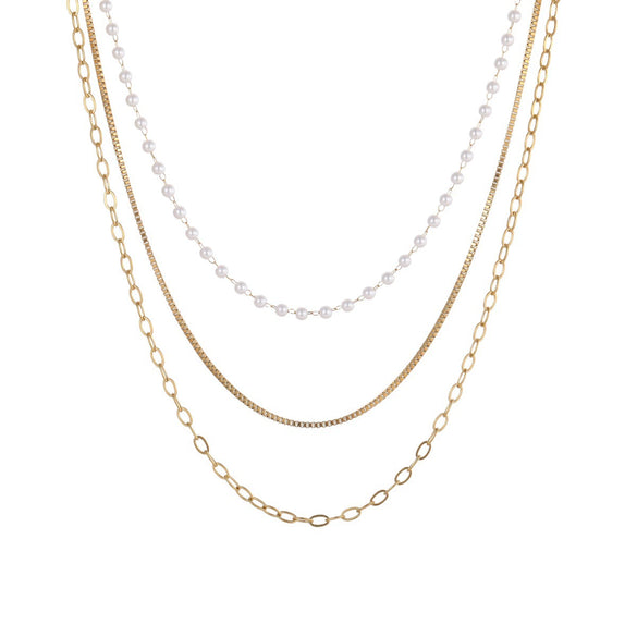 Wholesale Women's Stainless Steel 18K Gold Electroplated Geometric Pearl Threelayer Stacked Necklace Highend Jewelry